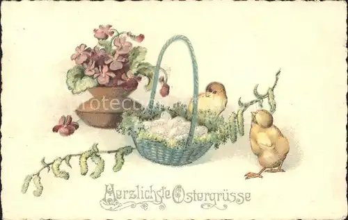 Ostern Easter Paques Kueken Eier Korb Veilchen Weidenkaetzchen Litho / Greetings /