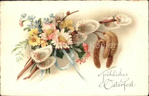 Ostern Easter Paques Gaensebluemchen Primeln Vergissmeinnicht Weidenkaetzchen Litho / Greetings /