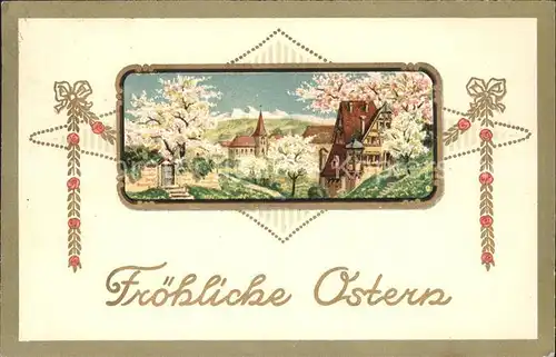 Ostern Easter Paques Kirche Baeume Blueten Litho / Greetings /