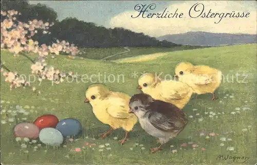 Ostern Easter Paques Kueken Ostereier Wiese Blumen A. Wagner  / Greetings /