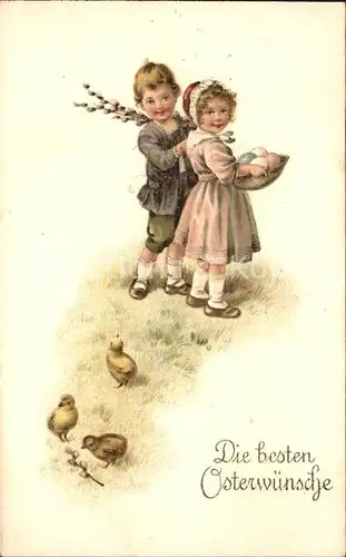 Kinder Child Enfants Ostern Kueken Weidenkaetzchen Ostereier Litho Kat. Kinder