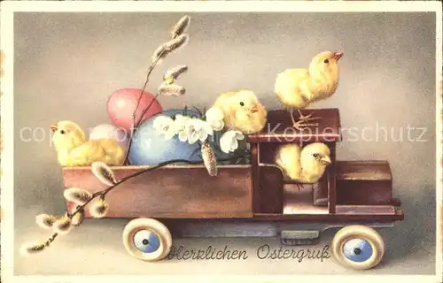Ostern Easter Paques Kueken Ostereier Lastwagen Weidenkaetzchen  / Greetings /