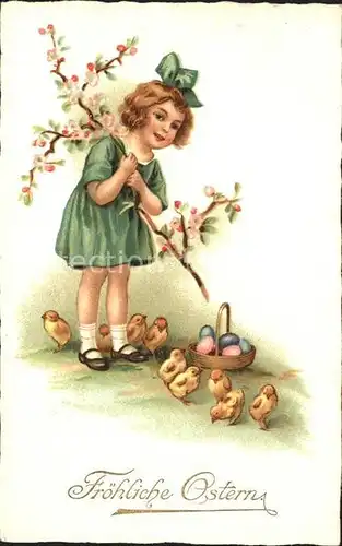 Ostern Easter Paques Kind Kueken Ostereier Blueten Litho / Greetings /