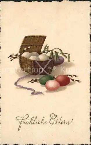 Ostern Easter Paques Ostereier Korb Weidenkaetzchen Litho / Greetings /