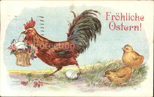 Ostern Easter Paques Hahn Kueken Eier Korn Blumen Litho / Greetings /