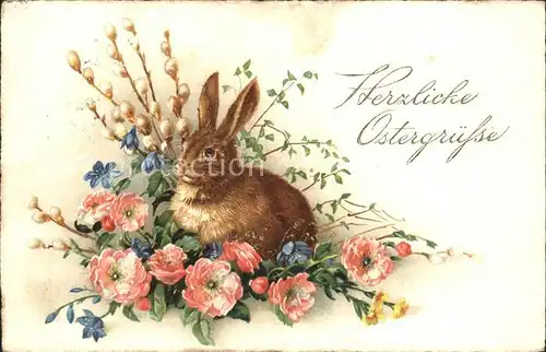 Hasen Ostern Weidenkaetzchen Leberbluemchen Schluesselblumen Litho Kat. Tiere