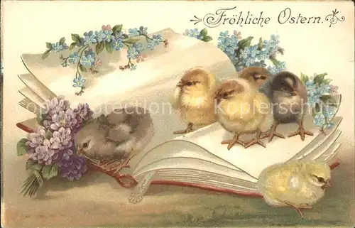 Ostern Easter Paques Kueken Vergissmeinnicht Veilchen Buch  / Greetings /