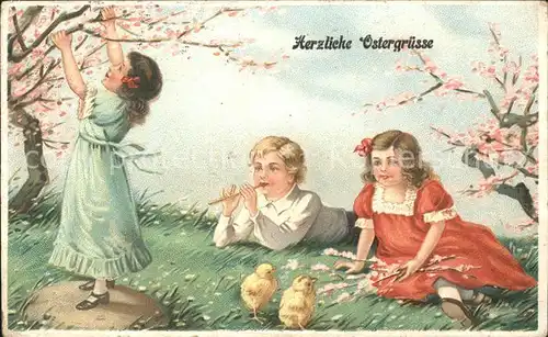Kinder Child Enfants Ostern Kueken Wiese Blumen Litho Kat. Kinder