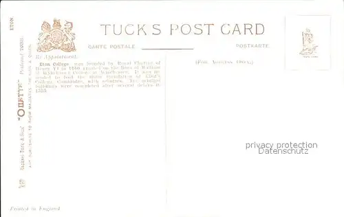 Verlag Tucks Oilette Nr. 7938 Eton College Charles E. Flower  Kat. Verlage