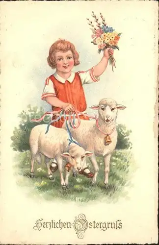 Ostern Easter Paques Schafe Kind Blumen Weidenkaetzchen Litho / Greetings /