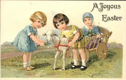 Ostern Easter Paques Kinder Lamm Holzwagen Litho / Greetings /