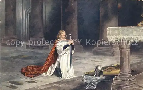 Kuenstlerkarte John Pettie The Vigil Knight S. John s Chapel armour Schwert Nr. 1833 Kat. Kuenstlerkarte