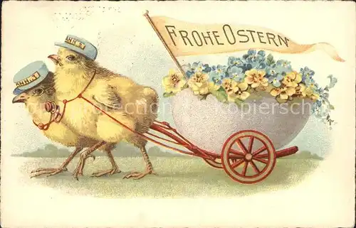 Vermenschlicht Kueken Ostern Ei Vergissmeinnicht Primeln Litho / Kuenstlerkarte /