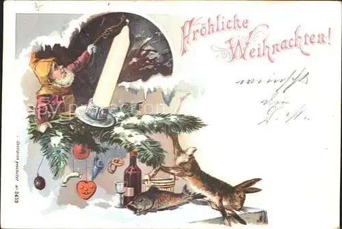 Zwerge Weihnachten Kerze Hase Fisch Wein Litho / Maerchen und Sagen /