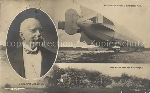 Zeppelin Graf Ballon beim Aufstieg und nach der Katastrophe  / Persoenlichkeiten /