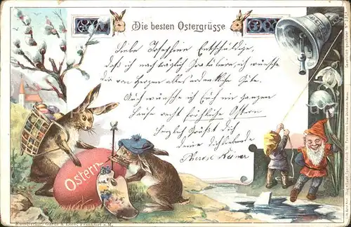 Vermenschlicht Hasen Maler Farbpalette Zwerge Kirchenglocke Maigloeckchen Litho / Kuenstlerkarte /