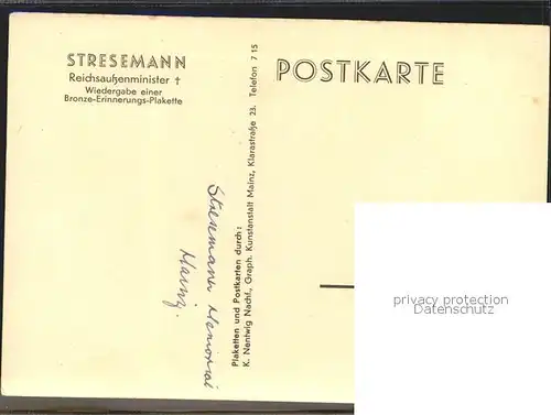 Politiker Gustav Stresemann Bronze-Erinnerungs-Plakette  / Politik /
