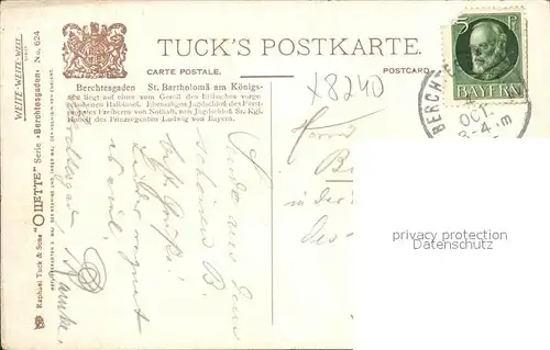 Verlag Tucks Oilette Nr. 624 Berchtesgaden St. Bartholomae Koenigssee  Kat. Verlage