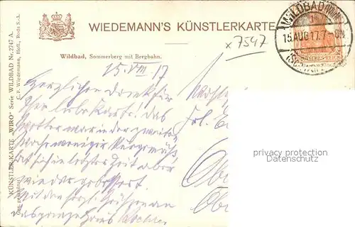 Verlag WIRO Wiedemann Nr. 2747 A Wildbad Sommerberg Bergbahn  Kat. Verlage