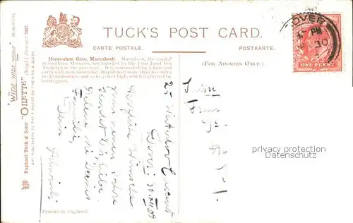 Verlag Tucks Oilette Nr. 7427 Horse shoe Gate Marrakesh  Kat. Verlage