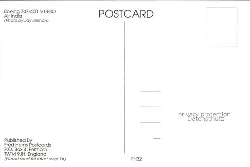 Flugzeuge Zivil Boeing 747 400 VT ESO Air India  Kat. Flug