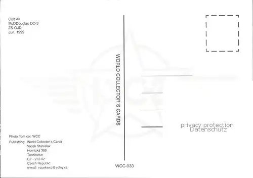 Flugzeuge Zivil Colt Air McDDouglas DC 3 ZS OJD Kat. Flug