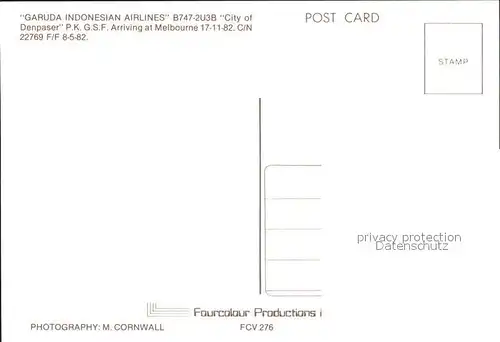 Flugzeuge Zivil Garuda Indonesian Airways B747 2U3B c n 22769 F F 8 5 82 Kat. Flug