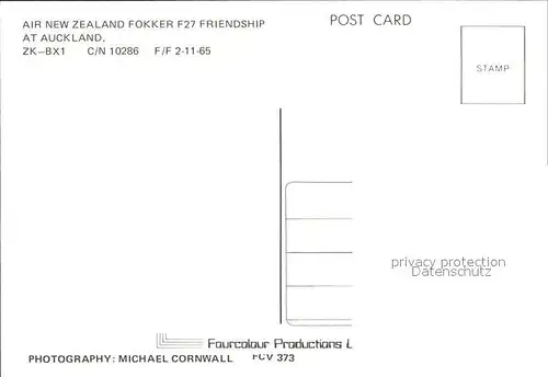 Flugzeuge Zivil Air New Zealand Fokker F27 Friendship ZK BX1 c n 10286 F F 2 11 65 Kat. Flug