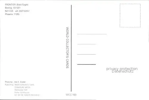 Flugzeuge Zivil FRONTIER (Bald Eagle) Boeing 737 201 N217US c n 20215 207 Kat. Flug