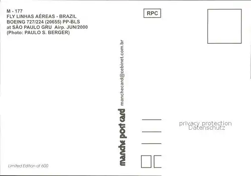 Flugzeuge Zivil FLY LINHAS AEREAS Brazil Boeing 727 224 (20655) PP BLS  Kat. Flug