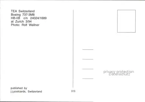 Flugzeuge Zivil TEA Switzerland Boeing 737 3M8 HB IIB c n 24024 1689 Kat. Flug