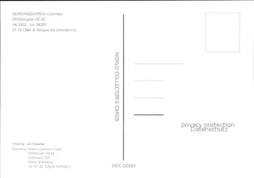 Flugzeuge Zivil Aerovanguardia Colombia McDDouglas DC 3C HK 1503 c n 34331 Kat. Flug