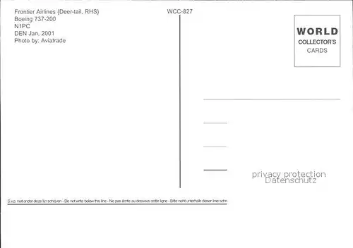 Flugzeuge Zivil Frontier Airlines Boeing 737 200 N1PC Kat. Flug