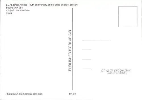Flugzeuge Zivil EL AL Israel Airlines Boeing 767 258 4X EAB c n 22973 68 Kat. Flug