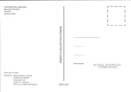 Flugzeuge Zivil Continental Airlines Boeing B 737 800 N12216  Kat. Flug