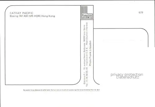 Flugzeuge Zivil Cathay Pacific Boeing 747 400 VR HOR Hong Kong Kat. Flug