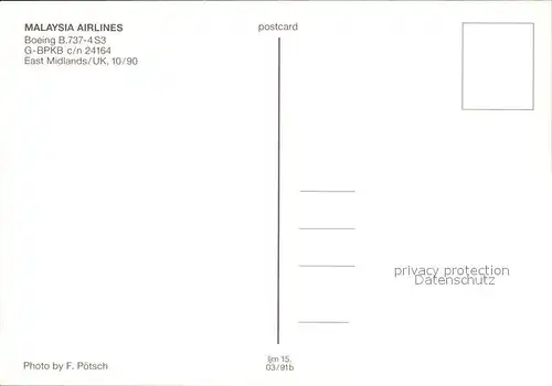 Flugzeuge Zivil Malaysia Airlines Boeing B.737 4S3 G BPKB c n 24164  Kat. Flug