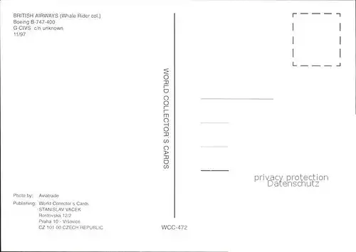 Flugzeuge Zivil British Airways (Whale Rider col.) Boeing B 747 400 G CIVS c n unknown  Kat. Flug