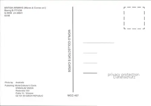 Flugzeuge Zivil British Airways (Waves & Cranes col.) Boeing B 777 236 G WIIM c n 28841 Kat. Flug