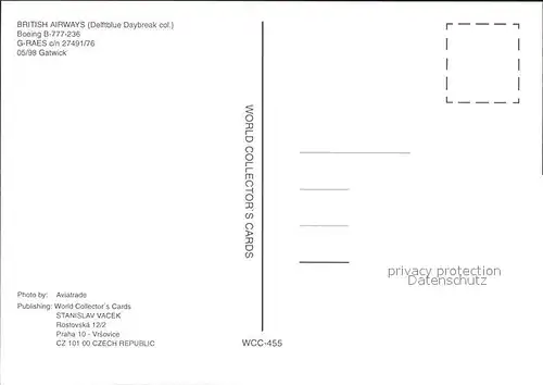 Flugzeuge Zivil British Airways (Delftblue Daybreak col.) Boeing B 777 236 G RAES c n 27491 76 Kat. Flug