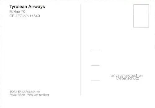 Flugzeuge Zivil Tyrolean Airways Fokker 70 OE LFG c n 11549 Kat. Flug