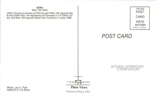 Flugzeuge Zivil USAir BAe 146 200A N184US c n E. 2044 Kat. Flug