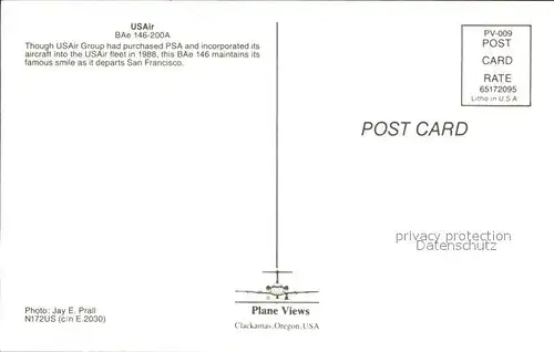 Flugzeuge Zivil USAir Bae 146 200A N172US c n E.2030 Kat. Flug