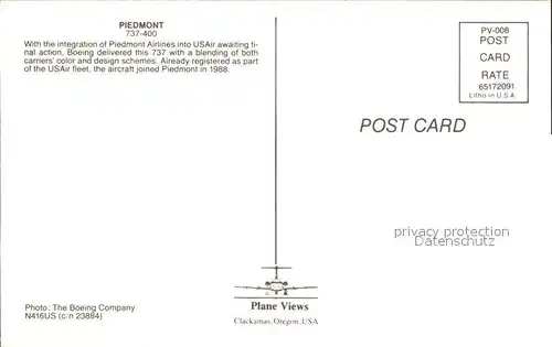 Flugzeuge Zivil Piedmont 737 400 N416US c n 23884 Kat. Flug