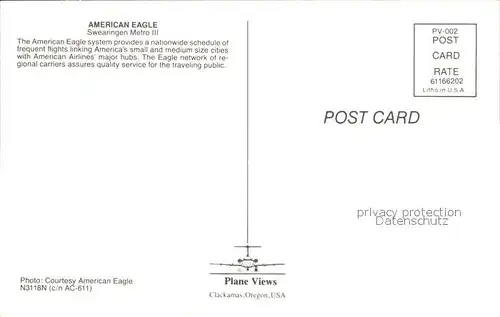 Flugzeuge Zivil American Eagle Swearingen Metro III N3118N c n AC 611 Kat. Flug