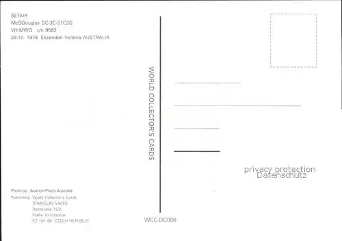 Flugzeuge Zivil Setair McDDouglas DC 3C S1C3G VH MWQ c n 9583 Kat. Flug