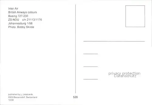 Flugzeuge Zivil Inter Air British Airways Boeing 727 230 ZS NOU c n 21113 1176 Kat. Flug