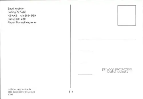 Flugzeuge Zivil Saudi Arabian Boeing 777 268 HZ AKB c n 28345 99 Kat. Flug