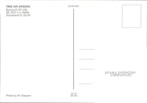 Flugzeuge Zivil Time Air Sweden Boeing B.737 205 SE DLP c n 19409 Kat. Flug