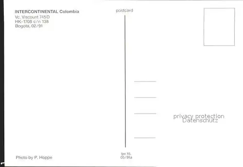 Flugzeuge Zivil Intercontinental Colombia Vc. Viscount 745D HK 1708 c n 138 Kat. Flug